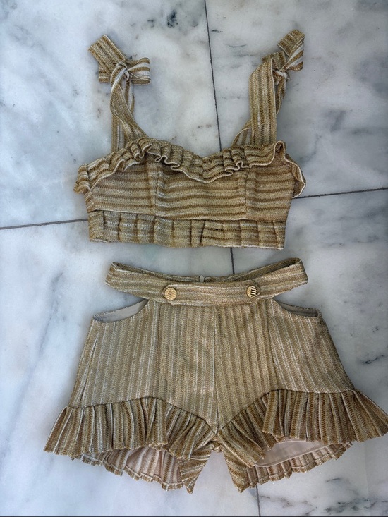 PatBO Pants - Patbo gold Metallic Ruffle Two-Piece Crop Top & Shorts Set